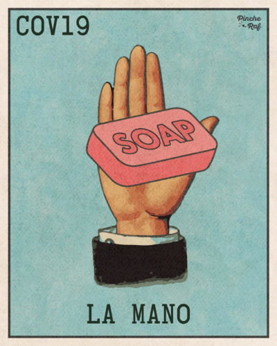 Loteria card of a hand with a bar of soap in its palm. Bottom texts reads "LA MANO" (the hand).